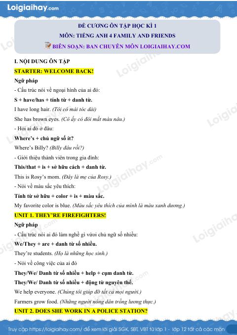 Đề cương ôn tập HK1 Tiếng Anh 4 Family and Friends Chân trời sáng tạo có đáp án